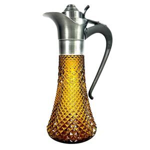 Antique Diamond Point Amber Glass Ewer Style Pitcher Pewter Lid & Handle-Rare!